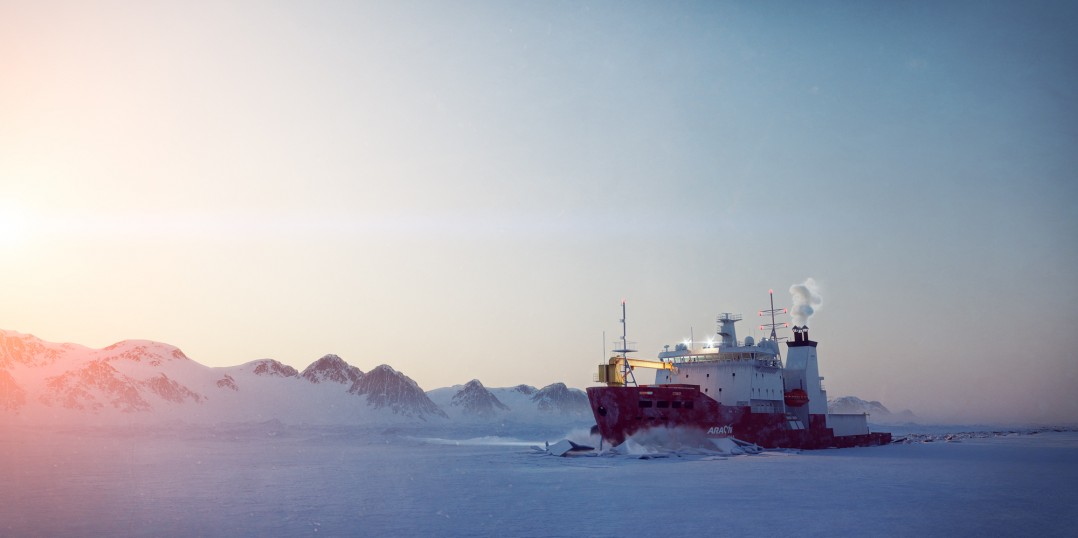 Arctic CG Animation of the icebreaker Araaon, Twilight