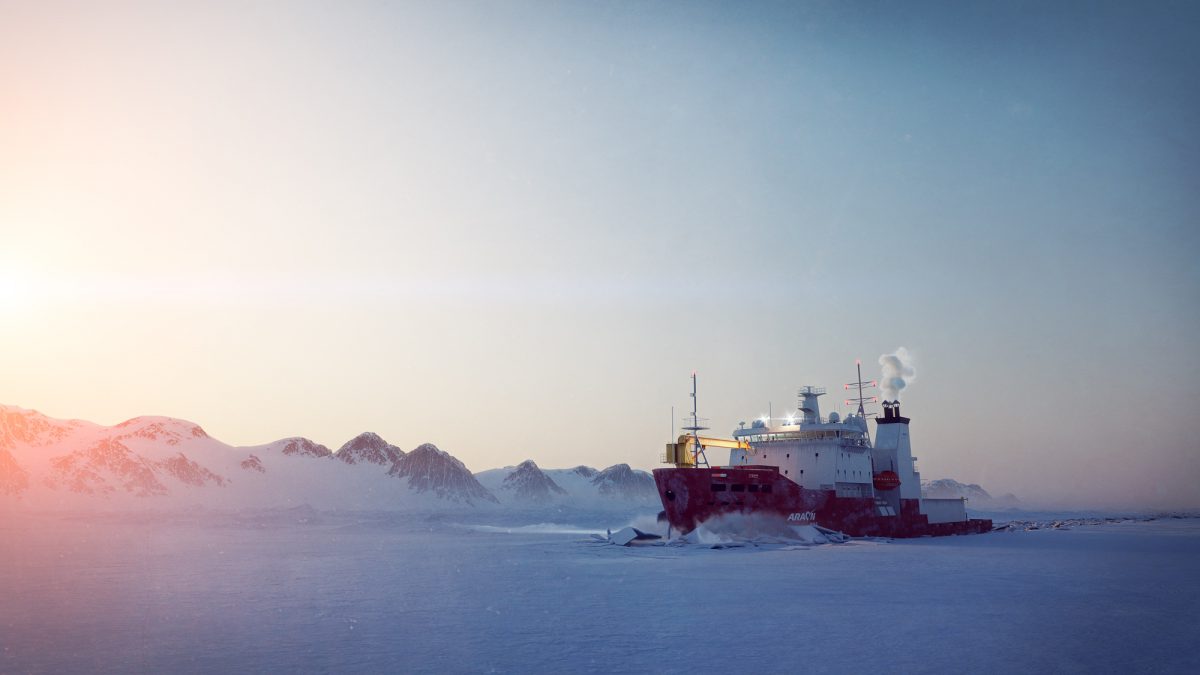 Arctic CG Animation of the icebreaker Araaon, Twilight